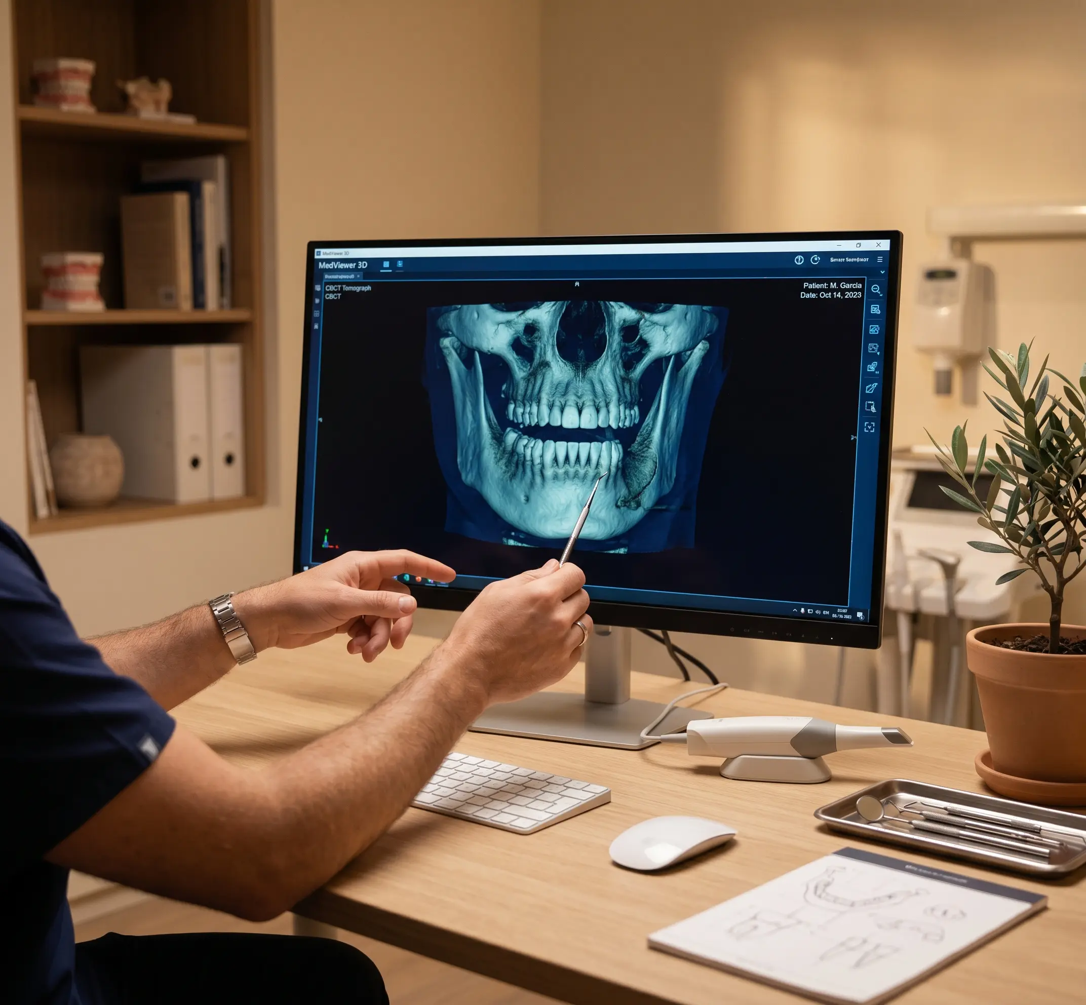 Tomografía CBCT 3D — imagen radiológica tridimensional de mandíbula en Velia Clínica Dental