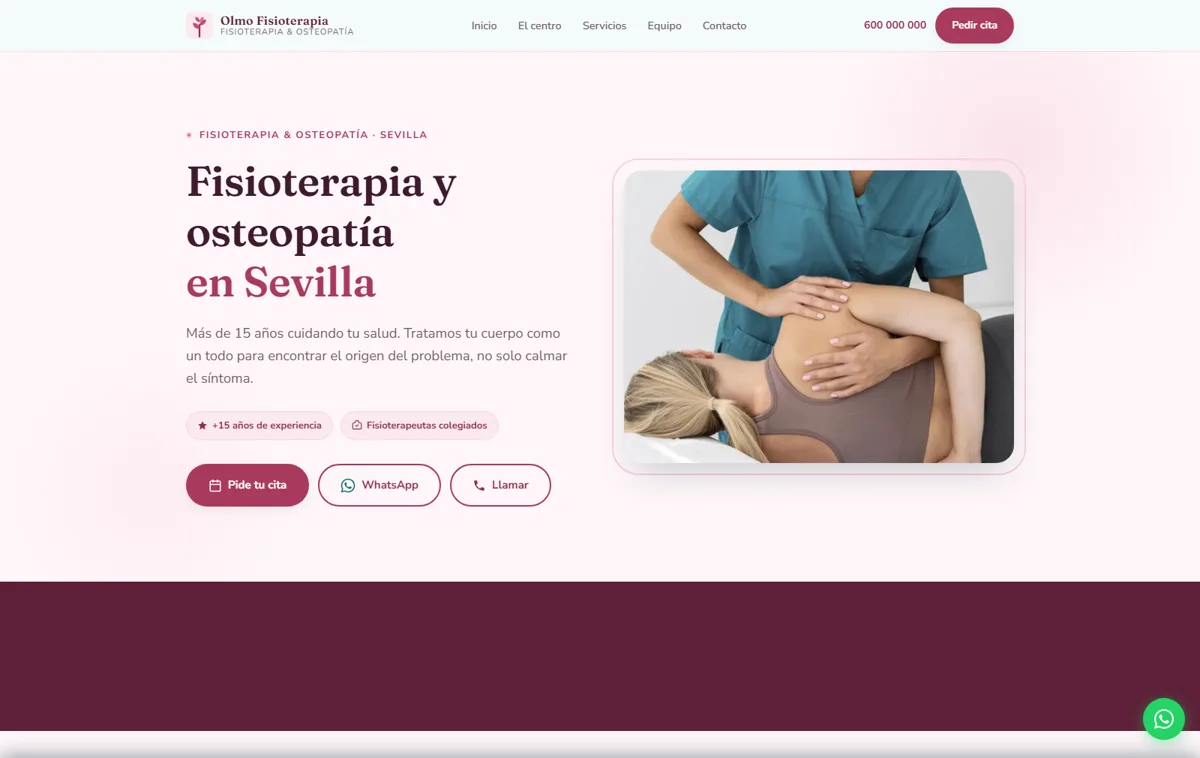 Página de inicio de la web de Olmo Fisioterapia
