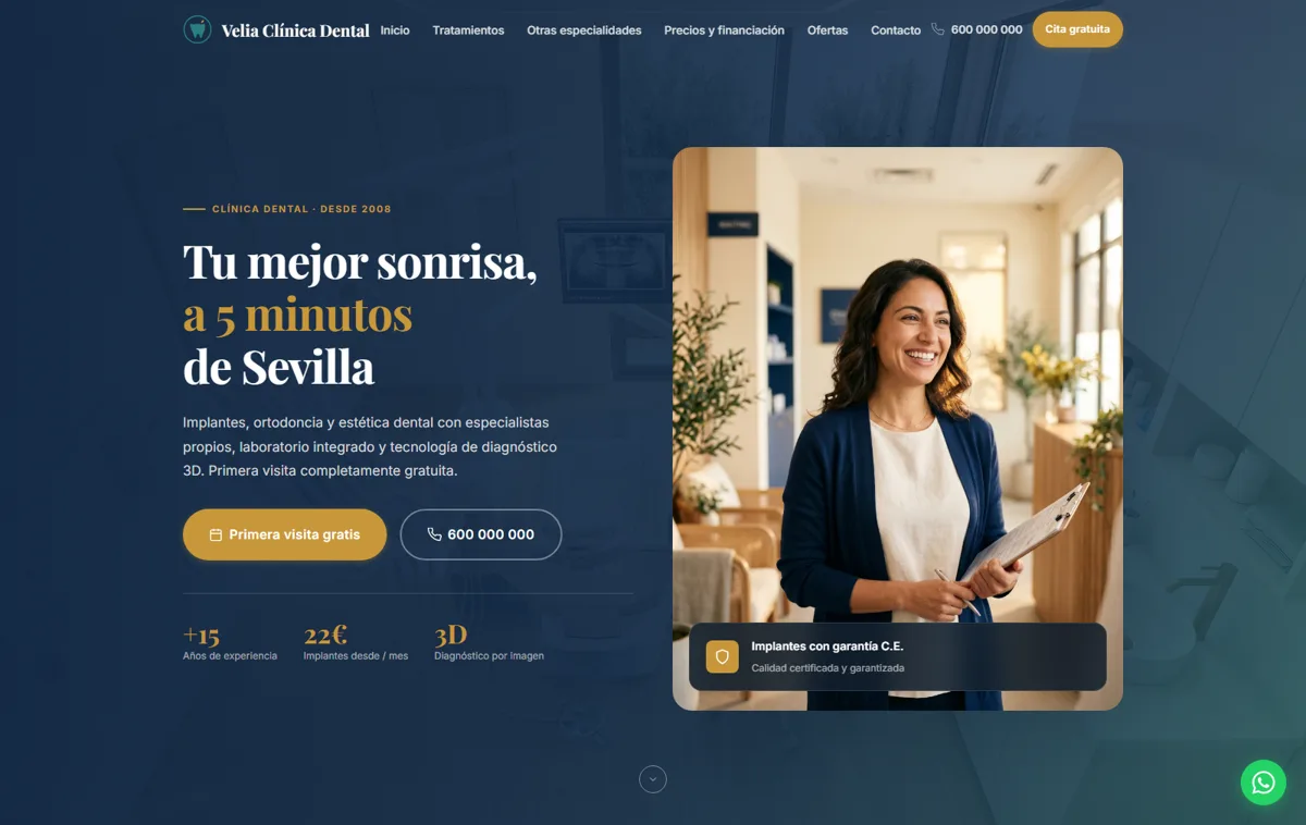 Página de inicio de la web de Velia Clínica Dental